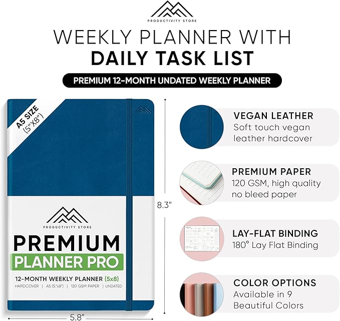 PRODUCTIVITY STORE Pro - Undated, 2025 Planner, 5.8” x 8.3” - The #1 Productivity Planner to Achieve Your 2025 Goals - Planner 2025-2026 - Navy - A5