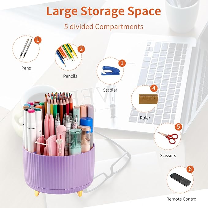 Desk Pen Holder, 5 Slot 360 Rotating Pen Organizer for Desk, Desktop Storage Stationery Supplies Organizer, Cute Pencil Cup Pot for Office, School, Home, Art Supply, Purple