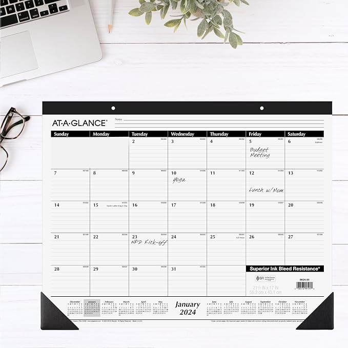 AT-A-GLANCE 2024 Desk Calendar, Desk Pads, Monthly, 21-3/4" x 17", Large, Ruled Blocks, 3 Pack (AZSK240024)