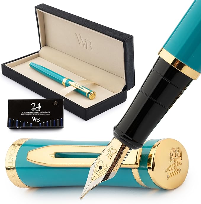 Wordsworth & Black Fountain Pen Set, Medium Nib, Includes 24 Ink Cartridges and Ink Refill Converter, Journaling, Calligraphy,[Turquoise Gold]