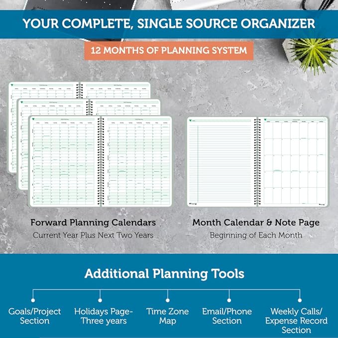 Planner Pad Spiral Bound October 2024 – September 2025 8 1/2" x 11" Large 3-Tier Funnel Down 12 Month Organizer, Greenish Grey Cover/Soft Green Ink