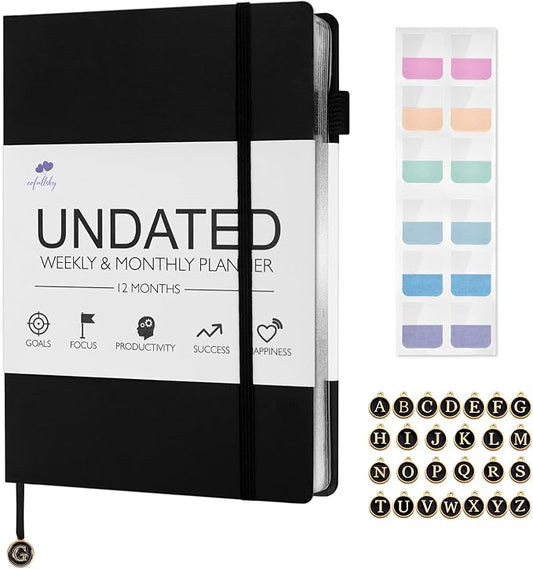 Undated Weekly and Monthly Planner, Cofullsky Weekly To Do List Planner Notebook with Unique Lettering Ribbon A5 Size Personalized Present Suitable for Women Men Teachers Kids (Letter C)