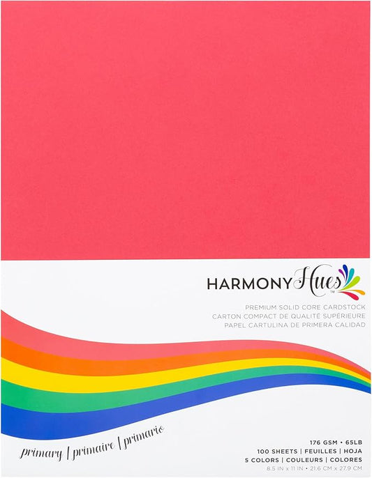 Cardstock 8.5 x 11 Paper Pack - 65lb Smooth Card Stock for Crafts, Cardmaking, Printers - 100 Scrapbook Sheets, 5 Assorted Colors - Double Sided with Solid Core, Primary