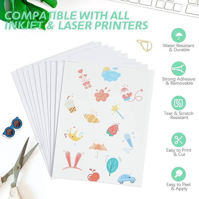 HTVRONT Printable Vinyl for Inkjet Printer - 10 Sheets 100 g Matte White Printable Vinyl Sticker Paper Vivid Color Dries Quickly, 8.5"x11" Tear Resistant Printable Vinyl