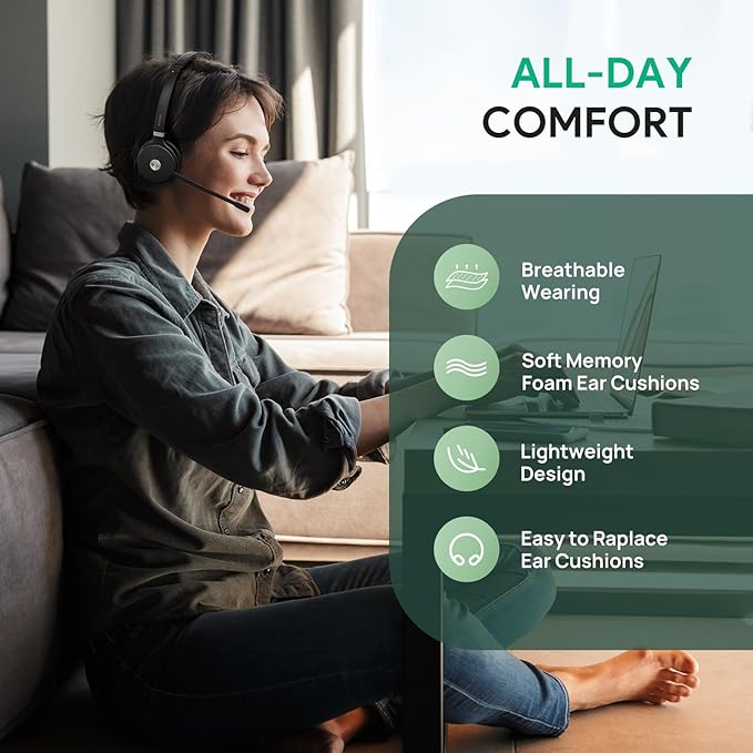 Yealink WH62 Wireless Headset with DECT Dongle, Ultra Portable Headset for Teams & Zoom, Skype Certified, Office Headphone with Noise Canceling Mic for Computer PC Laptop VoIP/SIP Phone,393 ft Range