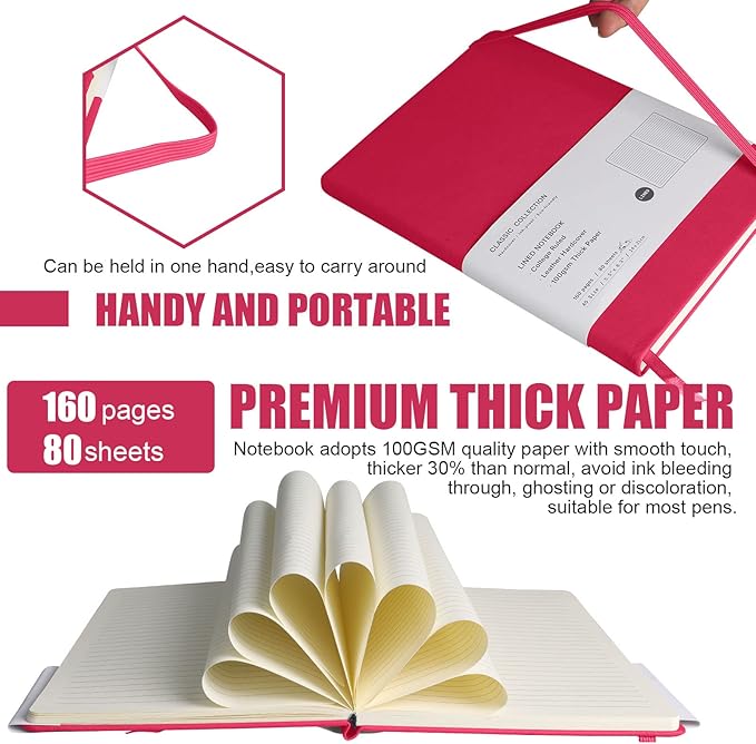 Lined Journal Notebook, 6Pack(Rose Red), 160 Pages, Medium 5.7 inches x 8 inches - 100 gsm Thick Paper, Hardcover