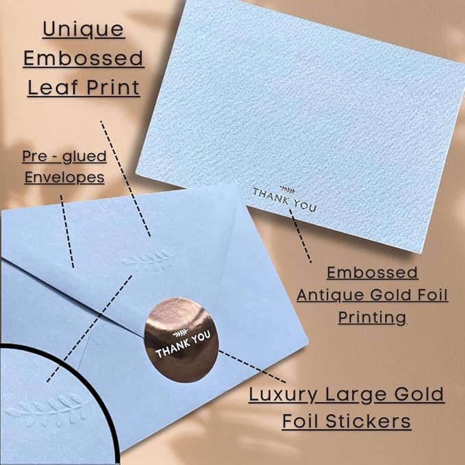 RUN2PRINT (36 Pack Thank You Cards With Envelopes & Stickers - Elegant Light Blue - Emboss Gold Foil Pressed - Blank Notes Wedding, Bridal, Baby Shower, Business and Formal All Occasion Cards
