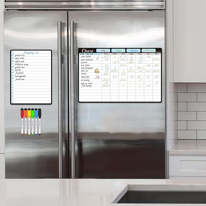 Magnetic Dry Erase Chore Chart - 8.5"x13" Chore Chart for Kids, Teens and Adults - 6.5"x8.5" List Board for Fridge - 6 Extra Fine Point Markers Included - Shipped Flat