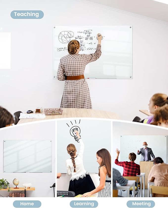 VUSIGN Glass Whiteboard 36" x 24" Magnetic Dry Erase for Office, School, Home, Frameless Mounting, Includes 4 Magnets, 2 Markers and 1 Erasers