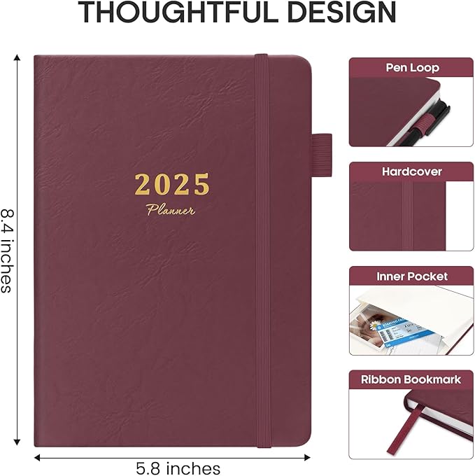 2025 Planner - Weekly and Monthly Planner, January 2025 to December 2025, Hardcover 2025 Calendar Planner Book, Inner Pocket, Perfect for Office Home School Supplies - A5 (5.8" x 8.4"), Wine Red