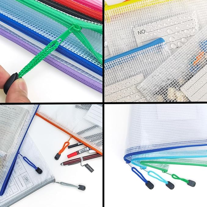 AUSTARK Plastic Mesh Zipper Pouch, 12Pcs Zipper File Bags with Label Pocket, Game Boards Storage Bags, Waterproof Document Storage Bags for Office Home Travel (B6 Size 7.6x5.3 in)