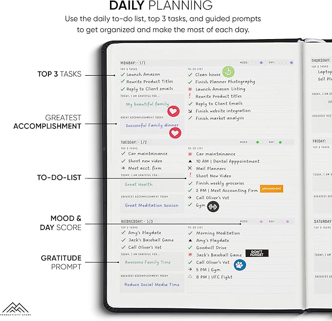 PRODUCTIVITY STORE Pro - Dated, 2025 Planner, 5.8” x 8.3” - The #1 Productivity Planner to Achieve Your 2025 Goals - Planner 2025-2026 - Black - A5