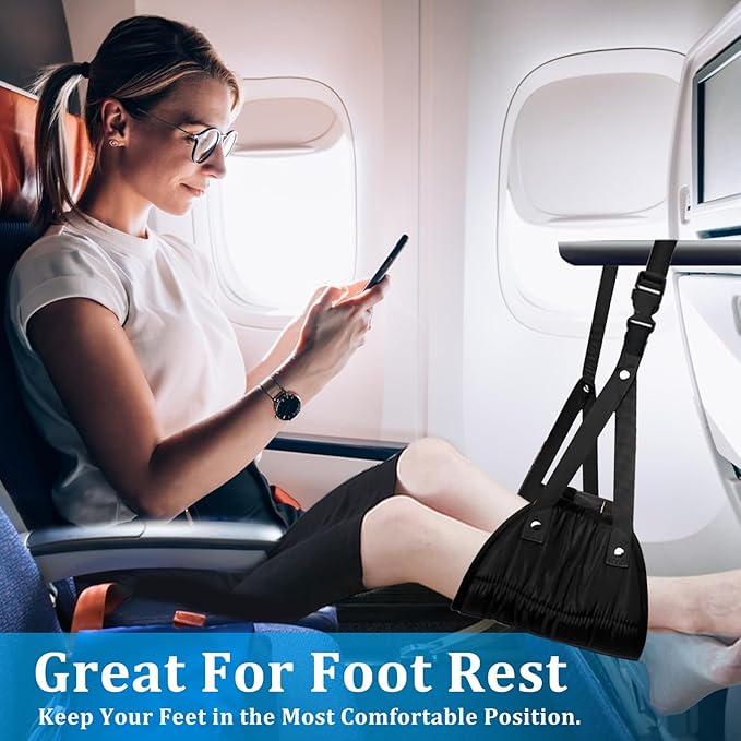 Airplane Foot Rest, Airplane Foot Hammock with Premium Memory Foam, Adjustable Length Foot Hammock for Plane Travel, Airplane Footrest Relax Your Feet in The Train Office&Home, Black