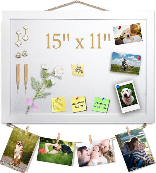 White Bulletin Board Cork Boards Vision Board with Felt, 15"x11" Small Display Pin Board for Walls, Desk, Jewelry, Notes, Collection, Photos, Office, White Framed and White Felt Board, 1pc