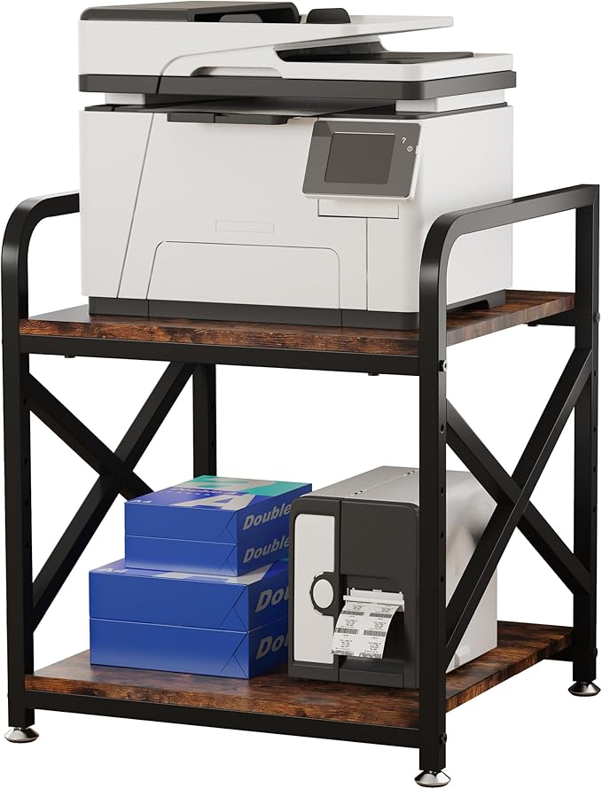 Ollieroo 2 Tier Printer Stand with Storage Shelf, Printer Table with Height Adjustable Top Shelf, Under Desk Storage Printer Cart for Paper Shredder Scanner, 3D Printer Stand for Home Office(Vintage)