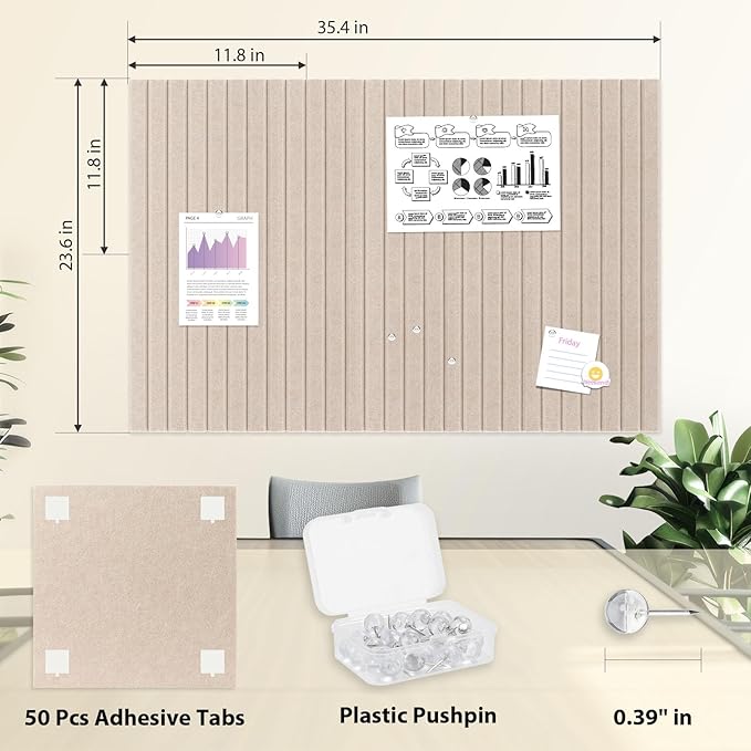 Smarpau 48"x36" Felt Bulletin Boards Felt Wall Tiles with Slat Wall Paneling 12 Pack Large Corkboard Cork Bulletin with Removable Adhesive Tabs Cork Tiles for Office Home Classroom Deep Camel