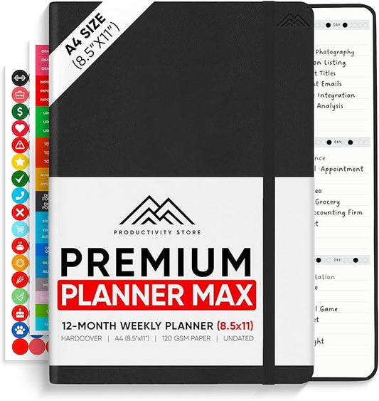 PRODUCTIVITY STORE Pro Max - Undated, 2025 Planner, 8.5" x 11" - The #1 Productivity Planner to Achieve Your 2025 Goals - Planner 2025-2026 - Black - A4