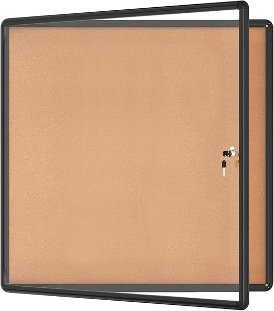 38"x38" Enclosed Bulletin Board, Lockable Weather-Resistant Aluminum Cork Noticeboard for School & Office, Black Frame w/Cork