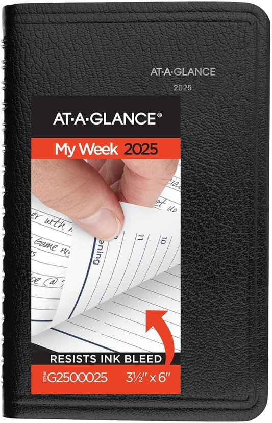 AT-A-GLANCE 2025 Planner, Weekly, 3-1/2 x 6", Pocket Size, Hourly, DayMinder, Black (G2500025)