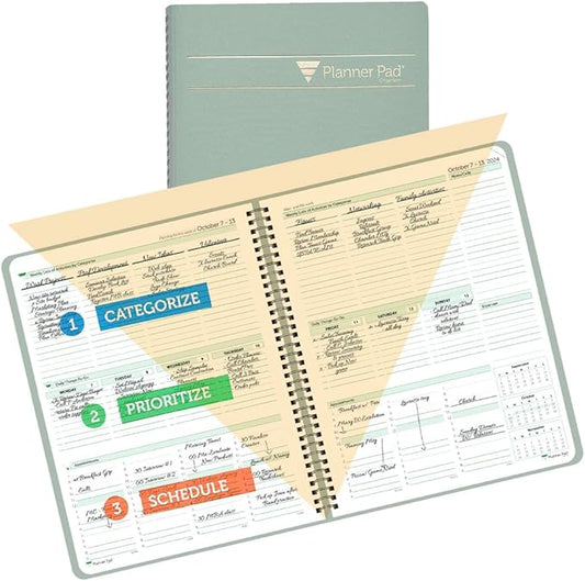 Planner Pad Spiral Bound October 2024 – September 2025 8 1/2" x 11" Large 3-Tier Funnel Down 12 Month Organizer, Greenish Grey Cover/Soft Green Ink