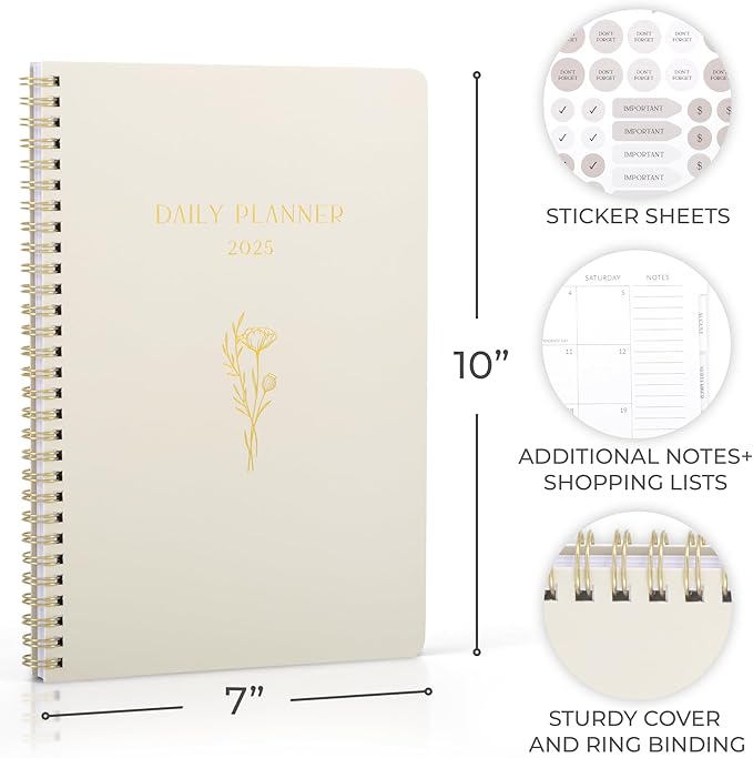 Beautiful 2025 Daily Planner - 7" x 10" Daily Planner for Women or Men with Weekly & Monthly Spreads for Easy Planning - Perfect Calendar Book To Organize All Tasks and Boost Productivity