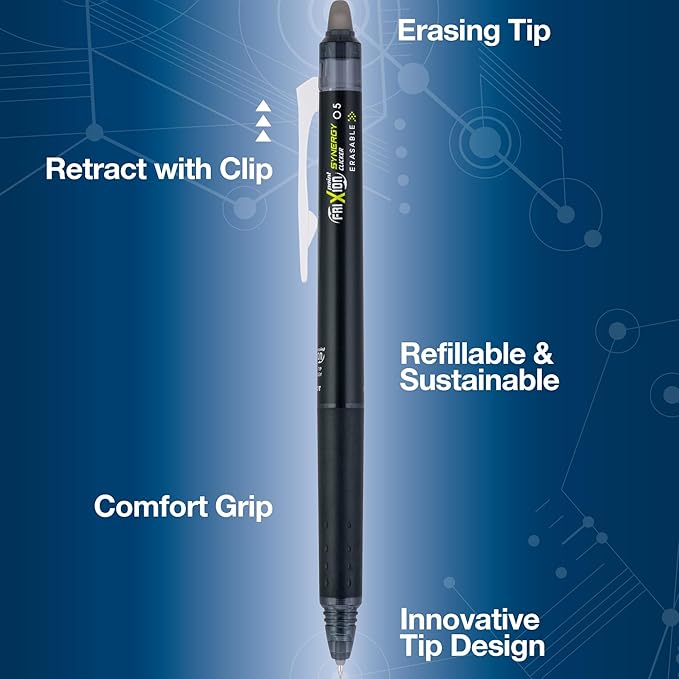 Pilot, FriXion Synergy Clicker Erasable, Refillable, Retractable Gel Ink Pens, Extra Fine Point 0.5 mm, Pack of 3, Black, Blue & Red