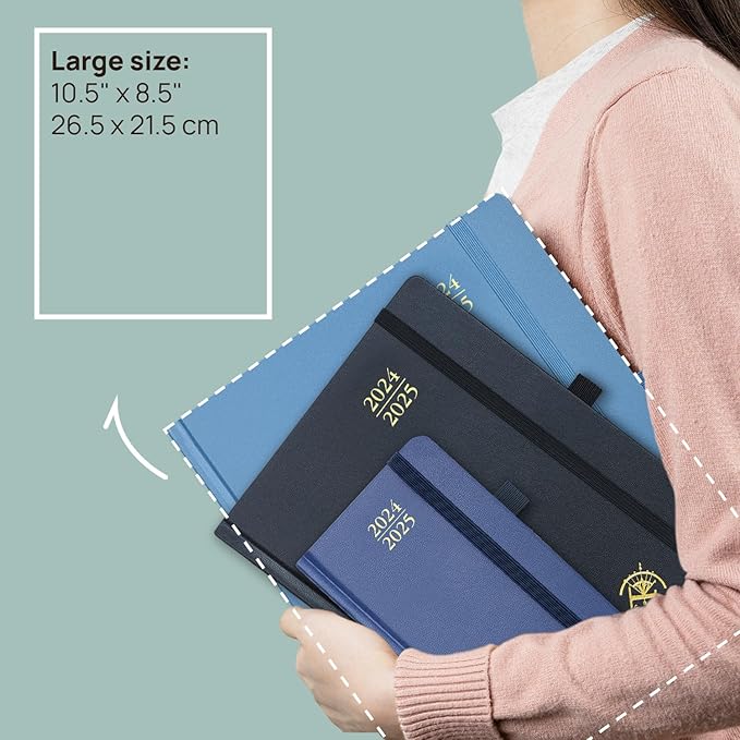 POPRUN Planner 2024-2025, [Large 8.5'' x 10.5'' Hard Cover] Academic Calendar (July 24-June 25) Daily Weekly and Monthly Appointment Book with Hourly Time Slots, Monthly Tabs, 100 GSM - Navy Blue