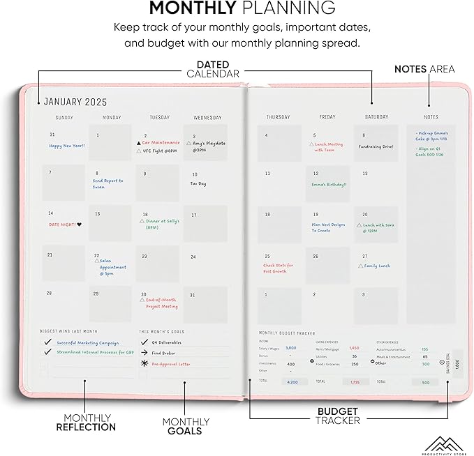 PRODUCTIVITY STORE Pro - Dated, 2025 Planner, 5.8” x 8.3” - The #1 Productivity Planner to Achieve Your 2025 Goals - Planner 2025-2026 - Pink - A5