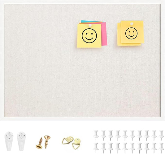 OWLKELA 20'' x 30'' Linen Bulletin Board, White Framed Corkboard, White Oak Frame Linen Cork Board, Vision Board and Decorative Hanging Pin Board