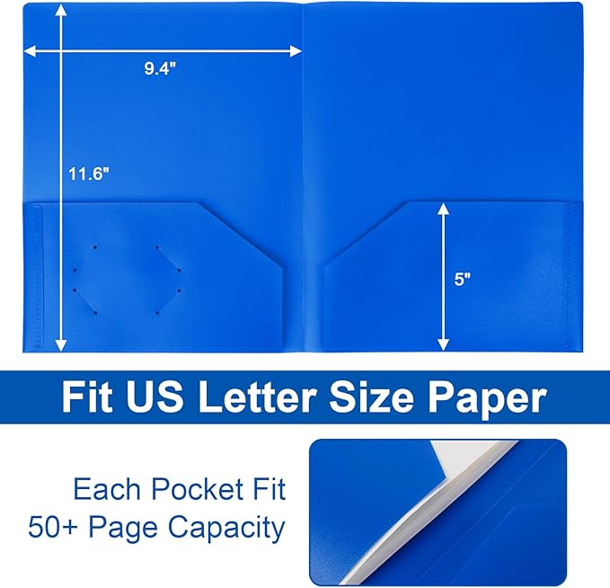 6-Pack Plastic Folders with Pockets,2-Pocket Poly Folders Holds 8-1/2" x 11" Paper for School/Office/Home, Blue