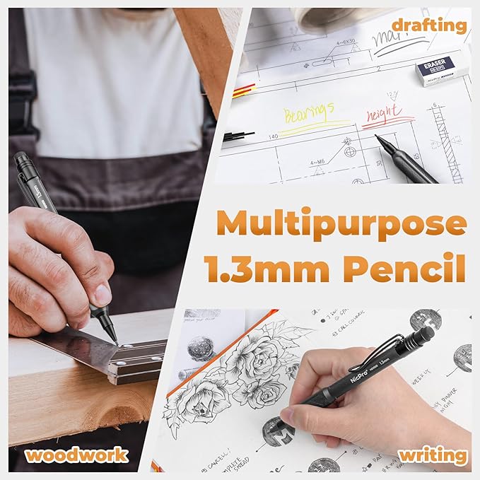 Nicpro 3 PCS 1.3 mm Mechanical Pencil Set with 72 PCS Lead Refill,3 Erasers-HD1000 Carpenter Pencils, Weatherproof Metal Heavy Duty Construction Pencil for Outdoor Marking Drafting Drawing Woodworking