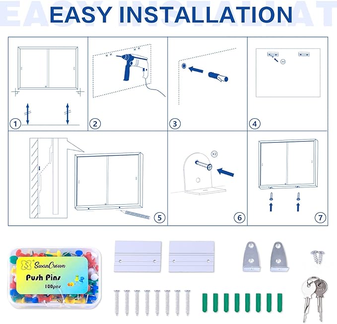 SWANCROWN Enclosed Locking Bulletin Board Gray Fabric Message Board with Sliding Glass Doors,for Indoor Use,48"x34"