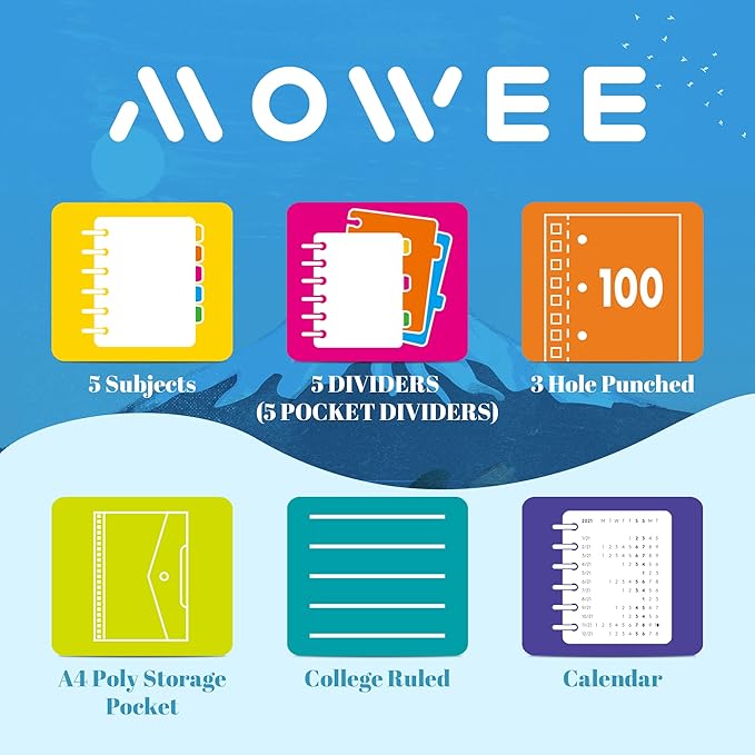 Spiral Notebook - 5 Subject Notebook, College Ruled Notebook With Dividers Pocket, Tabs Label, 11" Ruler, 100 Sheets of 200 Pages, for Writing Journal, Home & Office, School Supplies,
