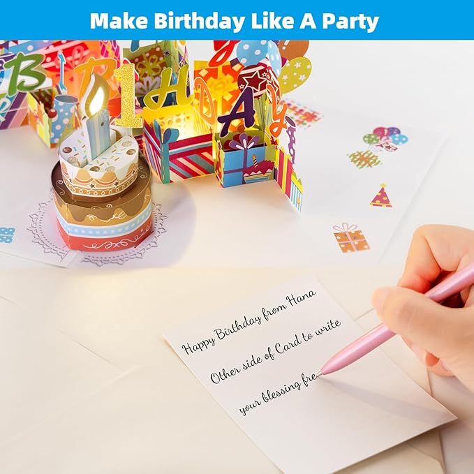Gumry 1ST Musical Birthday PopUp Card, Blowable Colorful Light Candle 3D Cards with Song, Applause Cheers Sound, Greeting Cards Birthday Gifts Decorations for Daughter Son Turning 1 Years Old