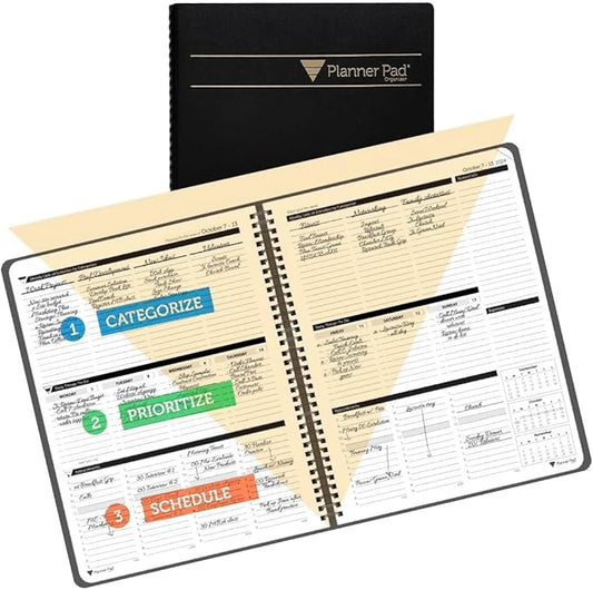 Planner Pad Spiral Bound October 2024 – September 2025 8 1/2" x 11" Large 3-Tier Funnel Down 12 Month Organizer, Black Cover/Black Ink