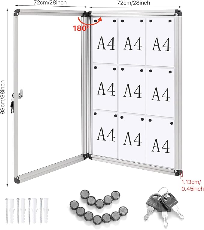 SWANCROWN Locking Bulletin Boards Enclosed Noticeboard White Glass Message Boards Indoor for School Office 38x28inch(9xA4)