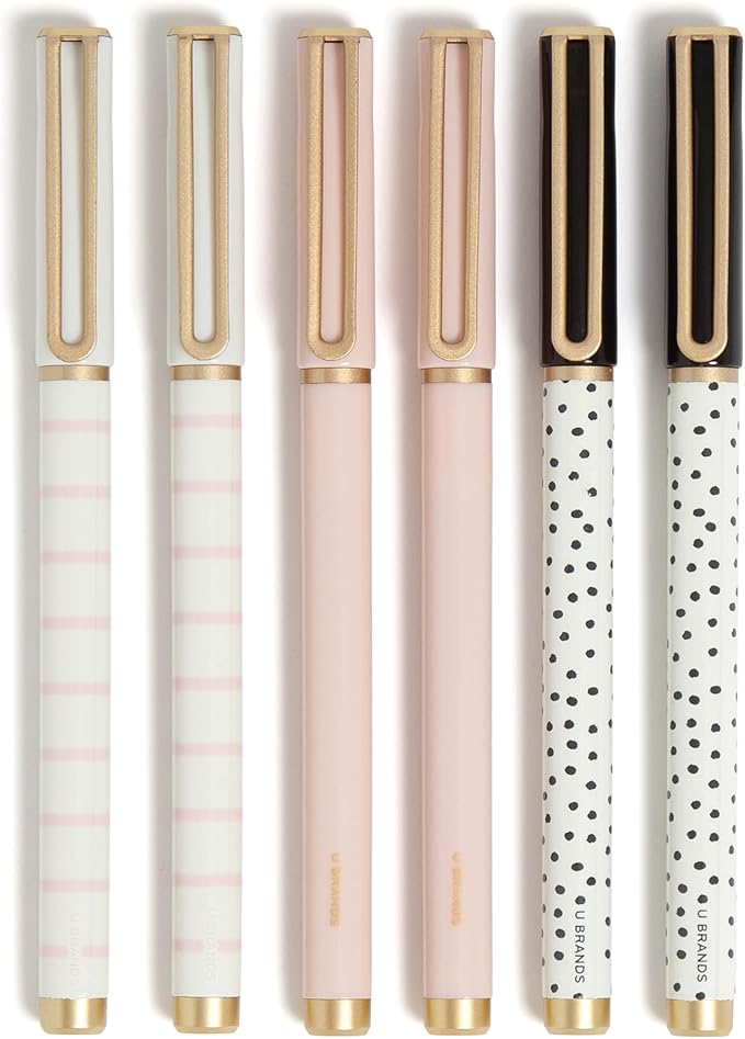 U Brands Catalina Felt Tip Pens, Set of 6, Classic Chic Stripes and Dots with Gold Details, Medium (0.7 mm) Point, Black Ink