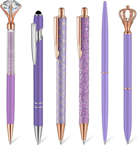 6 Pcs Ballpoint Pens Set Metal Crystal Diamond Pen for Journaling Glitter Pretty Cute Stationery Black Ink Fancy Gifts for Women Girls Teacher Office Wedding School Supplies(Purple Series)