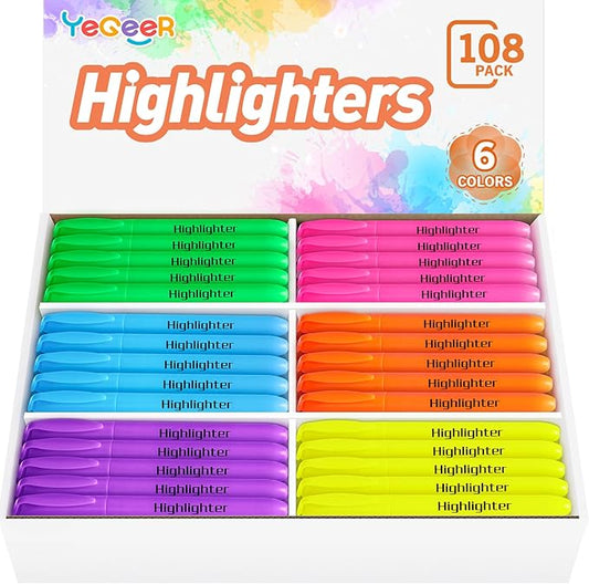 Highlighters, Chisel Tip Dry-Quickly Highlighter Markers, 108 Count-6 Assorted Colors Highlighters Bulk Pack for Adult Kids, Office Classroom Must Have, School Supplies for Teachers