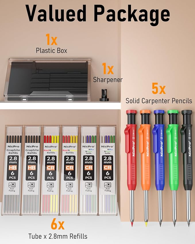 Nicpro 5 Pack Carpenter Pencil with Sharpener, Mechanical Pencils Set with 41 Refills (Red, Black, Yellow, White, Green, Blue), Deep Hole Marker Construction Heavy Duty Woodworking Pencils - With Case