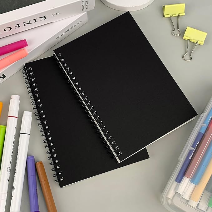 Blank Spiral Notebook, 3-Pack, Soft Cover, Sketch book, 100 Pages / 50 Sheets, 7.5 inch x 5.1 inch, 100GSM, (Black)