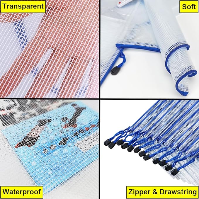 AUSTARK 20Pcs Board Games Storage Bags, PVC Mesh Zipper Pouches, Zippered File Bags, Plastic Waterproof Storage Bags for Office School Home Travel Cosmetic (B6 Size 7.6 x 5.3 Inches, White and Blue)