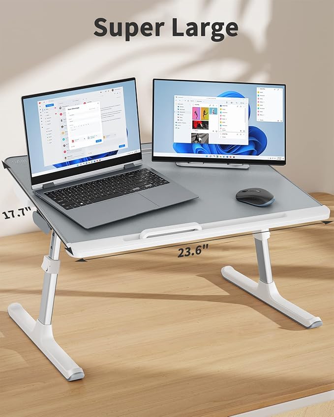 SAIJI Bed Desk for Laptop, XX-Large Leather Adjustable Foldable Laptop Bed Tray Desk, Super Sturdy Laptop Table Lap Desk for Bed, Sofa Couch Floor Maximum Size 17.7"*23.6"(Gray)