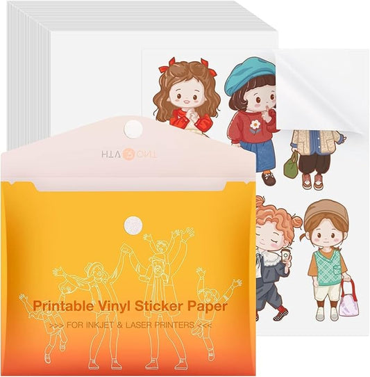 HTVRONT Printable Vinyl Sticker Paper, 100 Sheets Glossy Waterproof Sticker Paper For Inkjet Printer Dries Quickly-Standard Letter Size 8.5"X11" (100 g)