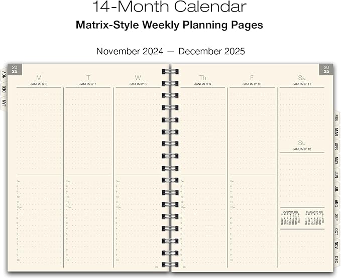 ESSENTIAL 2025 Monthly & Weekly Planner with Tabs, 7"x9": 14 Months (November 2024 - December 2025), Professional, Simple, Easy-to-Use Design and Frosted Poly Cover for Extra Protection (Frosted)