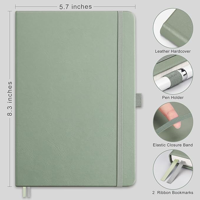 RETTACY Blank Journal Notebook, A5 Blank Journal with 192 Pages, 5.7'' × 8.3'' Medium Size, 68 LB/100 GSM Thick Paper, Leather Hardcover, for Sketching, Drawing, Painting (Sage Green)