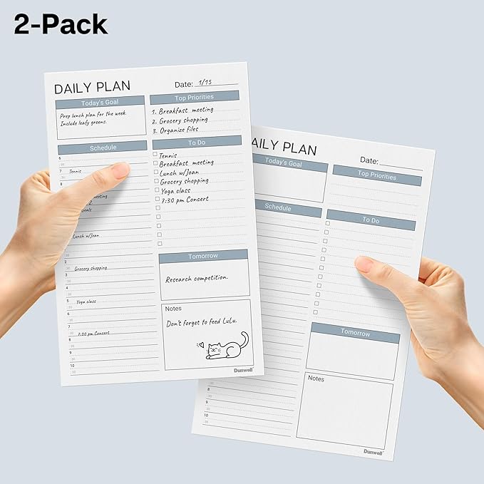 Dunwell Daily Planning Pad - 2 Pack Undated Daily Planner Pad, 54 Tear-Off Pages (5.5x8.5"), Daily To Do List Scheduler, Time Blocked Task Planner Notepad