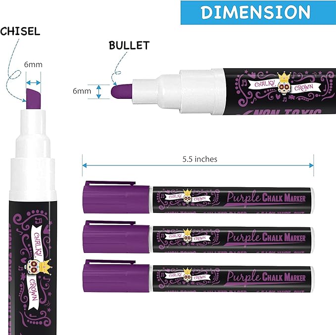 CHALKY CROWN Liquid Chalk Marker Pen - Dry Erase Marker - Chalk Markers for Chalkboard Signs, Windows, Blackboard, Glass - 6mm Reversible Tip (Purple, 5 Pack)