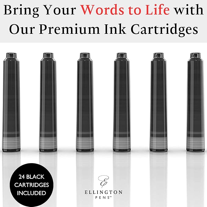 Fountain Pen Ink Refills - 24 Pack International Standard Size Cartridges - Premium Quality & Non-Toxic - Long-Lasting Ink