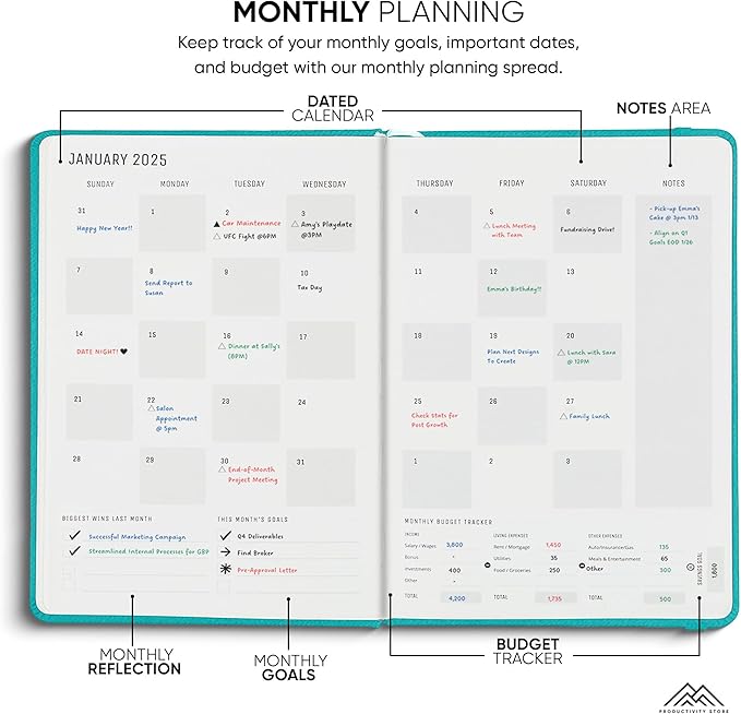 PRODUCTIVITY STORE Pro Max - Dated, 2025 Planner, 8.5" x 11" - The #1 Productivity Planner to Achieve Your 2025 Goals - Planner 2025-2026 - Teal - A4